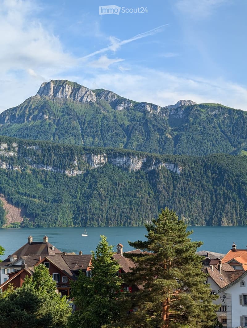 Scenic view of a village with traditional houses and a lake surrounded by lush green forests and towering mountains under a clear blue sky.