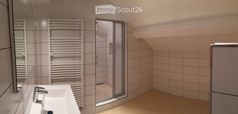 Modern bathroom with a white sink, chrome faucet, large mirror, and a glass-enclosed shower stall. The walls are tiled in light beige, and a towel rack is mounted on the wall.