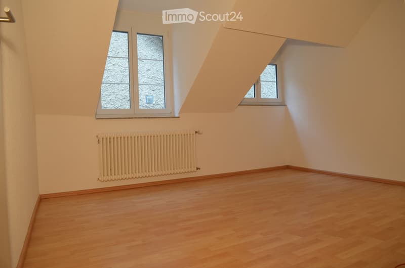 Empty attic room with wooden flooring, white walls, and two windows with frosted glass. A radiator is mounted on one wall.