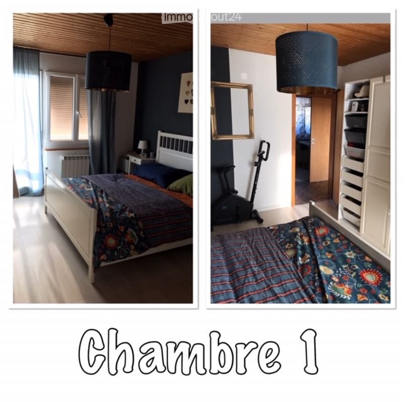 Two images of a bedroom with a bed, nightstand, lamp, mirror, wardrobe, and an exercise bike in the corner. The room features wooden ceilings and large windows with blinds.