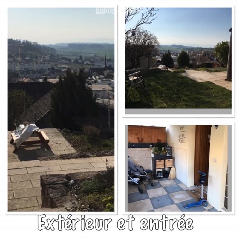 Four images showing outdoor spaces: a scenic view of a town, a grassy lawn with a chair, a patio with a picnic table, and an entrance area with a stroller and scooter.