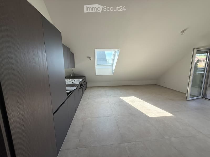 Empty room with tiled floor, grey cabinets, skylight window, and sliding glass door leading outside.