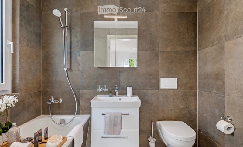 Modern bathroom with a bathtub, shower, sink, mirror, and toilet. Features include a towel rack, light fixture, and decorative plant on the windowsill.