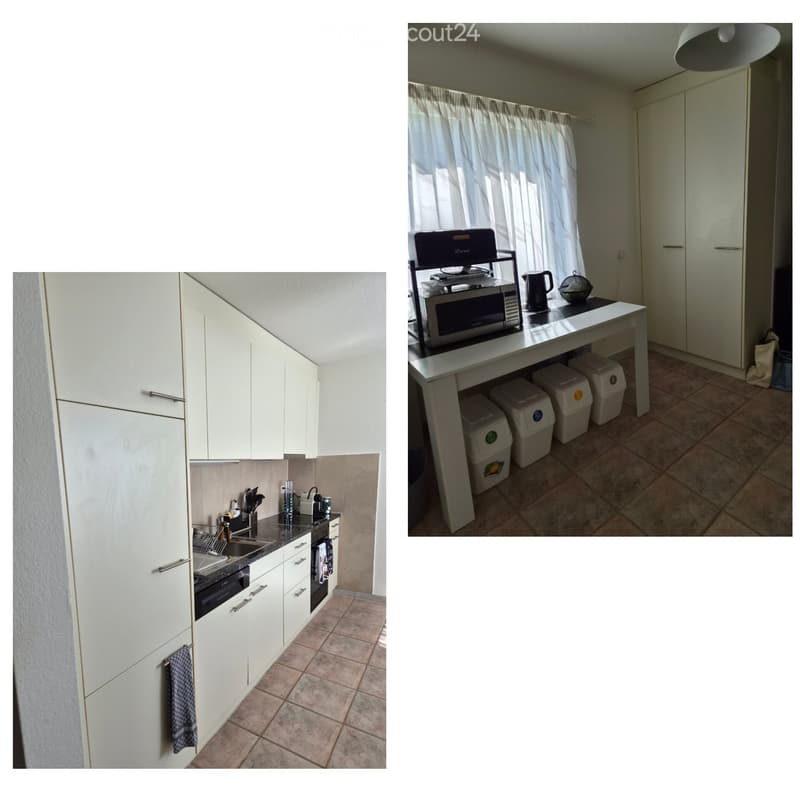 Two images of a modern kitchen with white cabinets, a sink, oven, microwave, and a small table with trash bins underneath.
