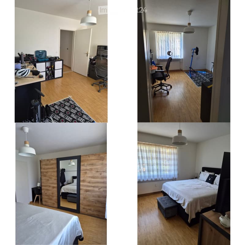 Four images showing a modern, furnished house with a workspace, living area, and bedroom. The workspace includes a desk, office chair, and shelving unit. The living area has a large mirror, a bed, and a bench. The bedroom features a large bed, nightstand,