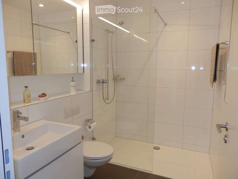Modern bathroom with white tiles, a glass-enclosed shower, a sink with a chrome faucet, a toilet, and a large mirror with built-in lighting. A towel hangs on a rack, and toiletries are placed on the sink counter.