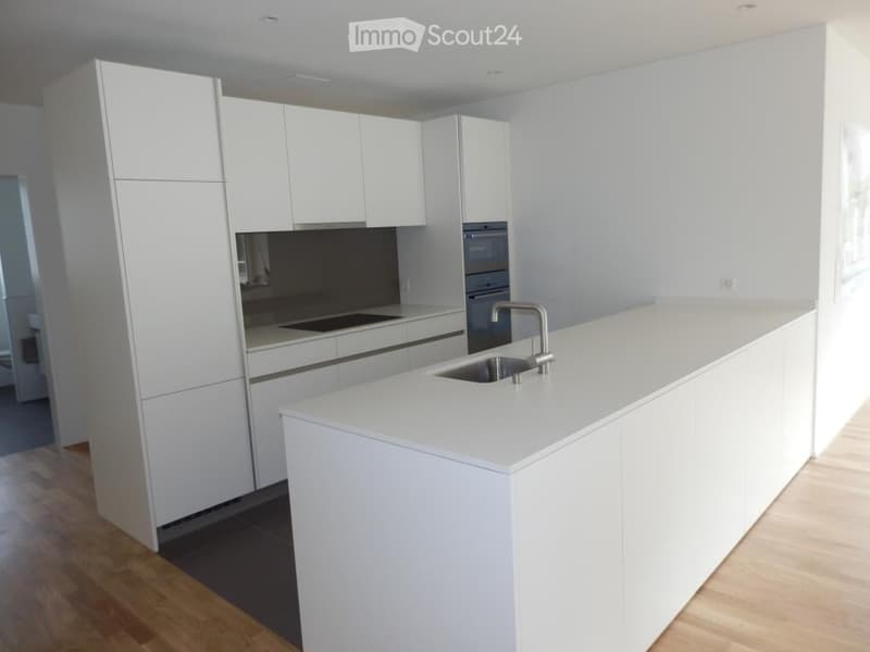 Modern kitchen with white cabinets, a central island, and built-in appliances including a sink, faucet, and oven.