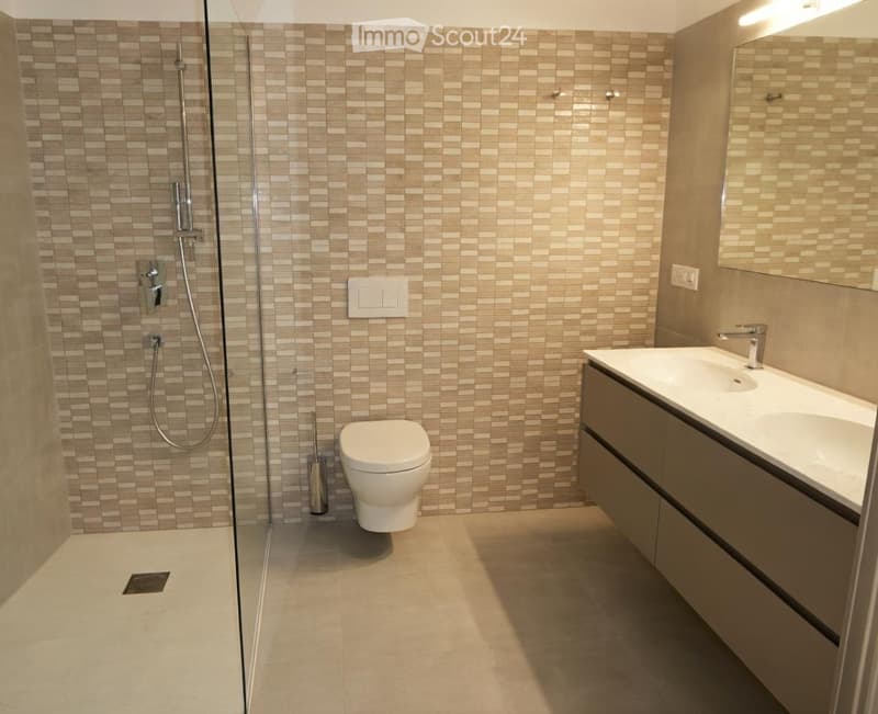 Modern bathroom with a glass-enclosed shower, toilet, sink with a modern faucet, and a large mirror above the sink.