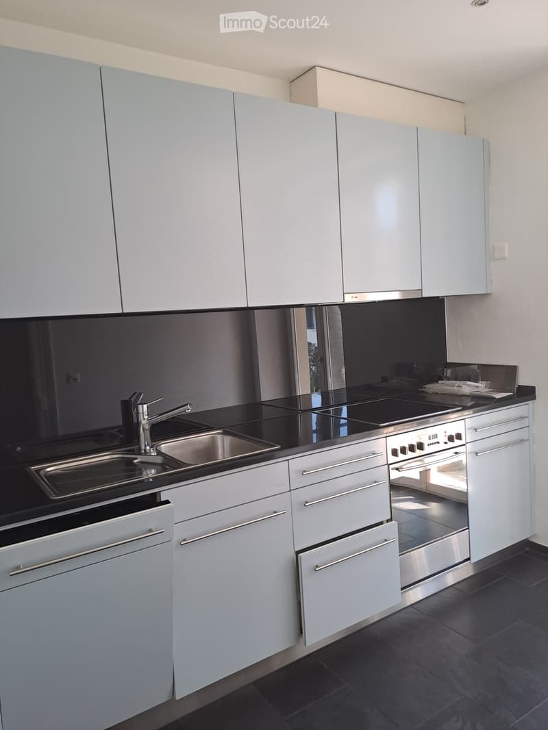 Modern kitchen with light grey cabinets, stainless steel appliances, and a black countertop.