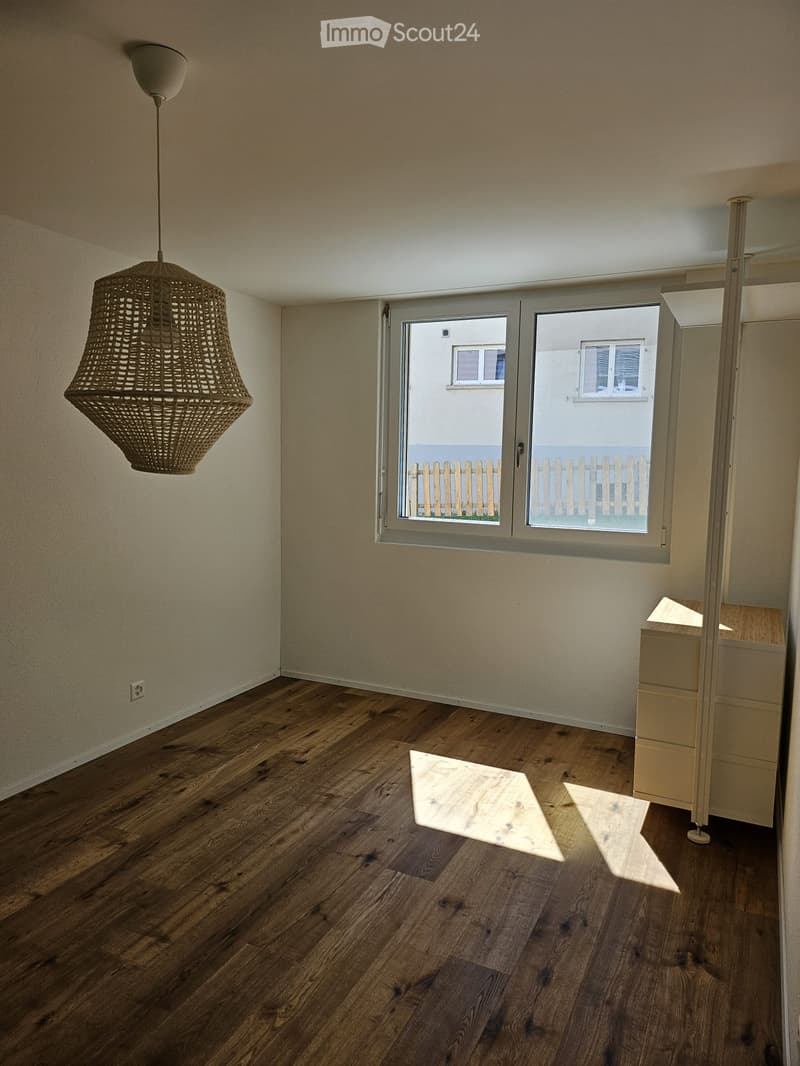 Empty room with wooden flooring, light-colored walls, and a hanging woven pendant light. A sliding glass door leads to a small outdoor area with a wooden fence.
