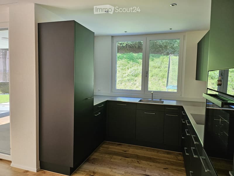 Modern kitchen with dark grey cabinets, a stainless steel sink, and a wooden floor. The room features large windows with a view of greenery outside.