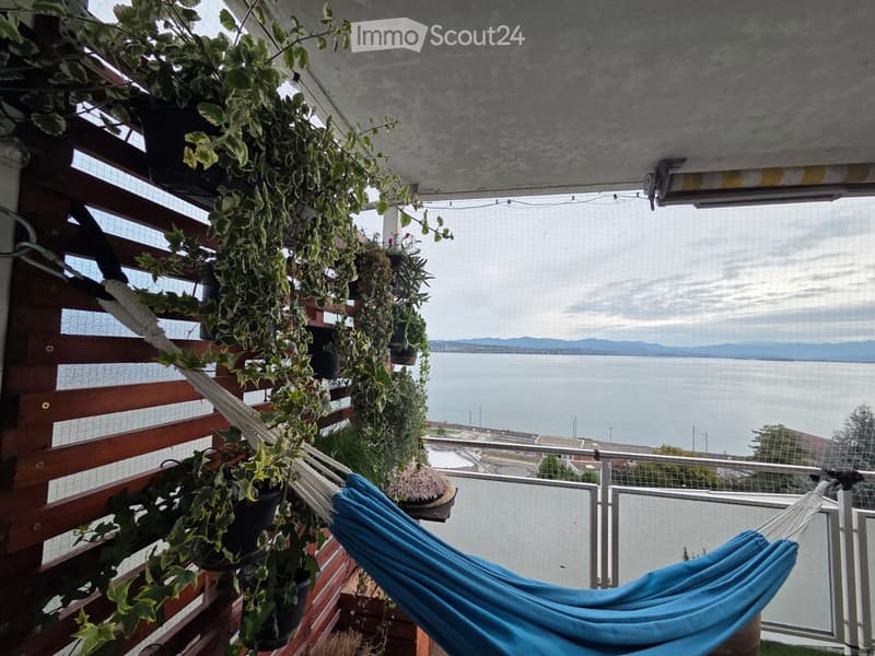 Balcony with wooden railing, hammock, and potted plants, overlooking a body of water with distant mountains.