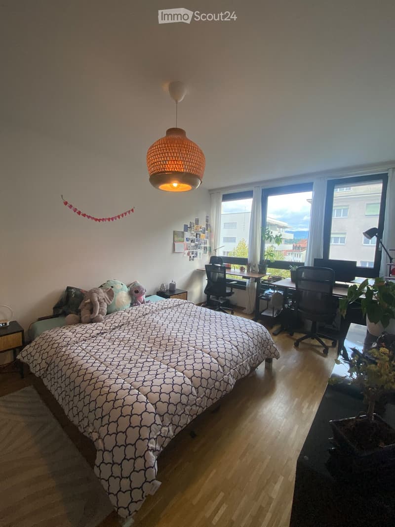 Cozy bedroom with a large bed, patterned duvet, desk with chairs, hanging lamp, and plants near the window.