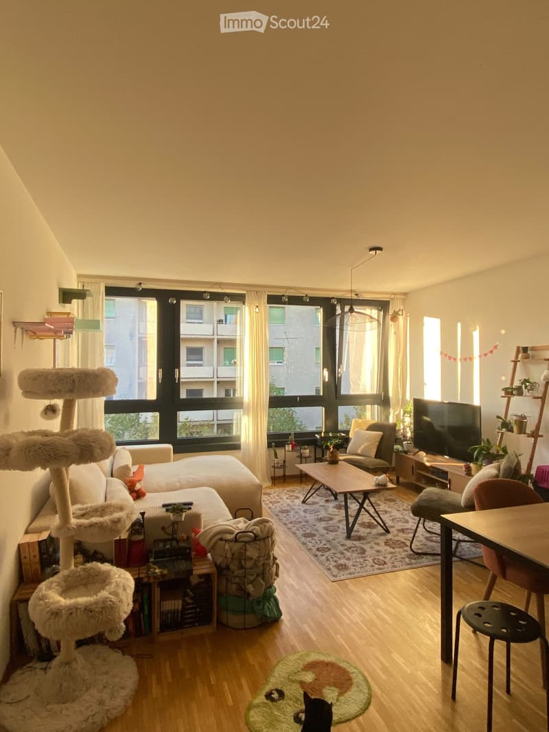 Living room with a sofa, cat tree, coffee table, chairs, a small table, a stool, a rug, a screen, and shelves.