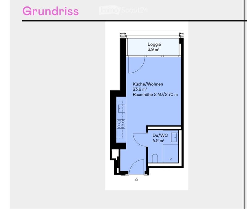 Floor plan showing a kitchen/living area, a bathroom, and a loggia.