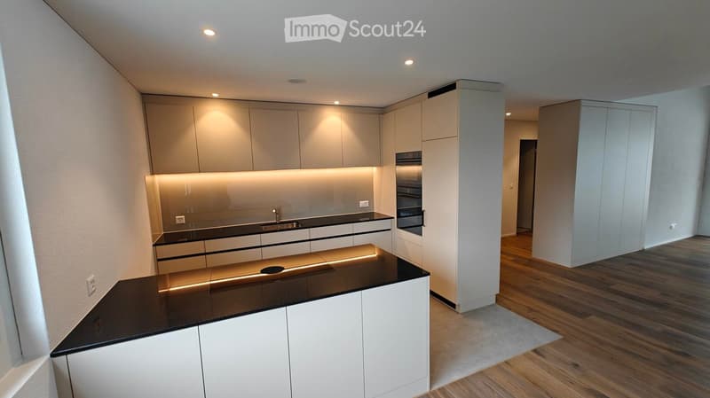 Modern kitchen with white cabinets, black countertops, and built-in appliances.