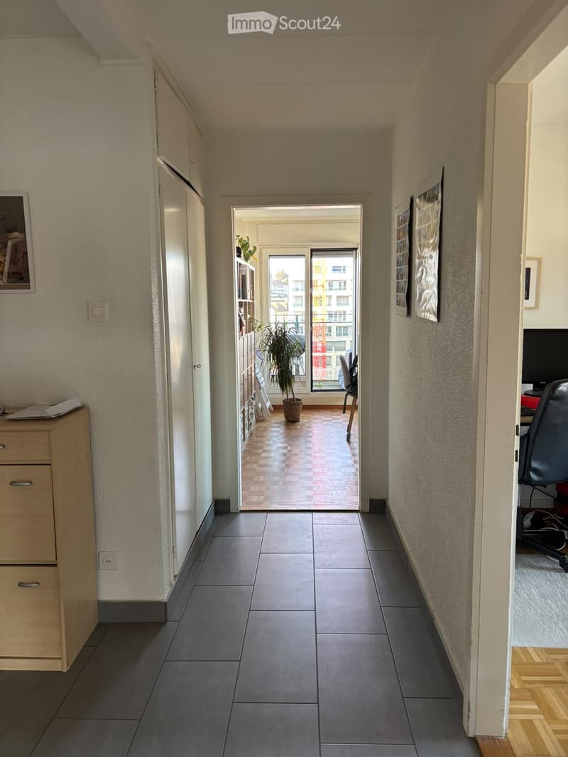 A narrow hallway with tiled flooring, leading to a balcony area with wooden flooring and a potted plant. The hallway features built-in storage units and framed artwork on the walls.