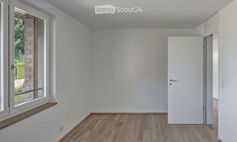 Empty room with light-colored walls, wooden flooring, and a large window with a view of greenery outside.