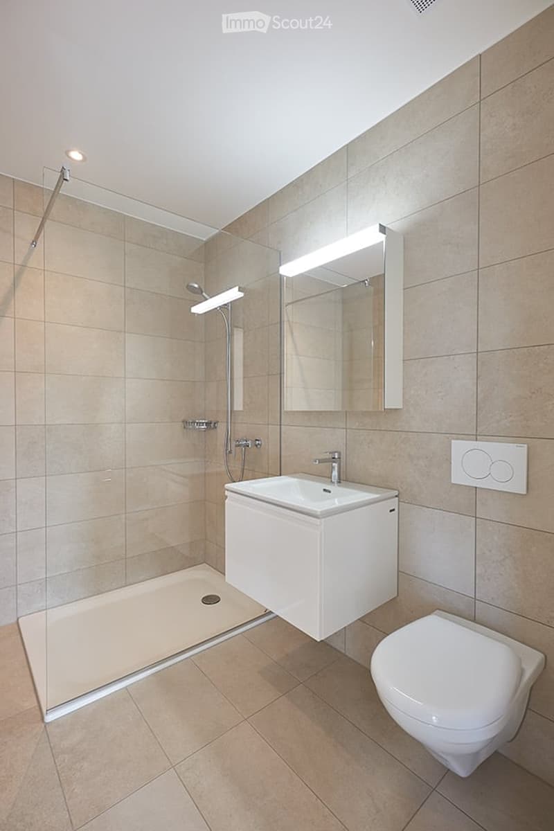 Modern bathroom with a white sink, toilet, mirror, and a glass-enclosed shower area.