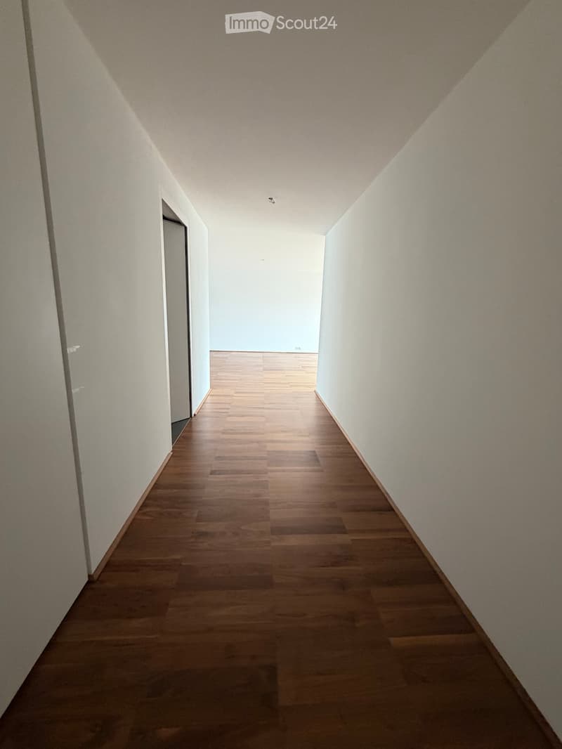 A narrow hallway with wooden flooring and white walls, featuring a door on the left side and a light blue accent wall at the end.