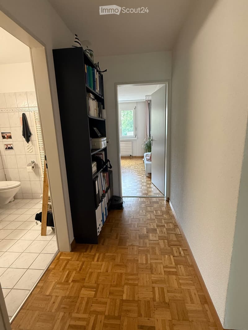 Hallway with wooden herringbone flooring, leading to a bathroom and another room. Features a tall bookshelf with books and a small plant in the adjacent room.