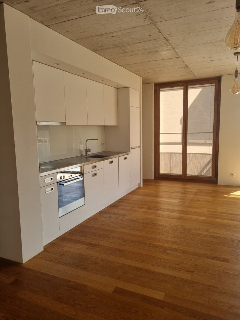 Modern kitchen with white cabinets, stainless steel oven, sink, and faucet, wooden flooring, and large windows with blinds.
