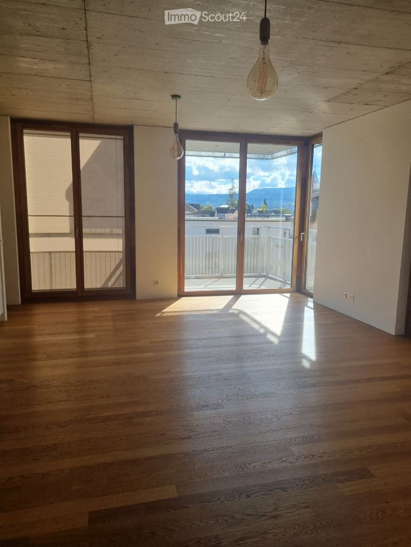 Empty room with wooden flooring, large windows, and a view of the mountains.