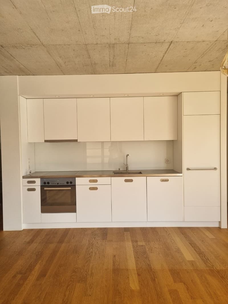 Modern kitchen with white cabinets, stainless steel appliances, and wooden flooring.