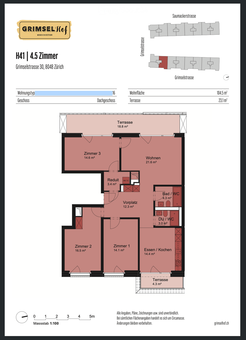 Floor plan of a 4.5-room apartment with living area, three bedrooms, kitchen, bathroom, and two terraces.