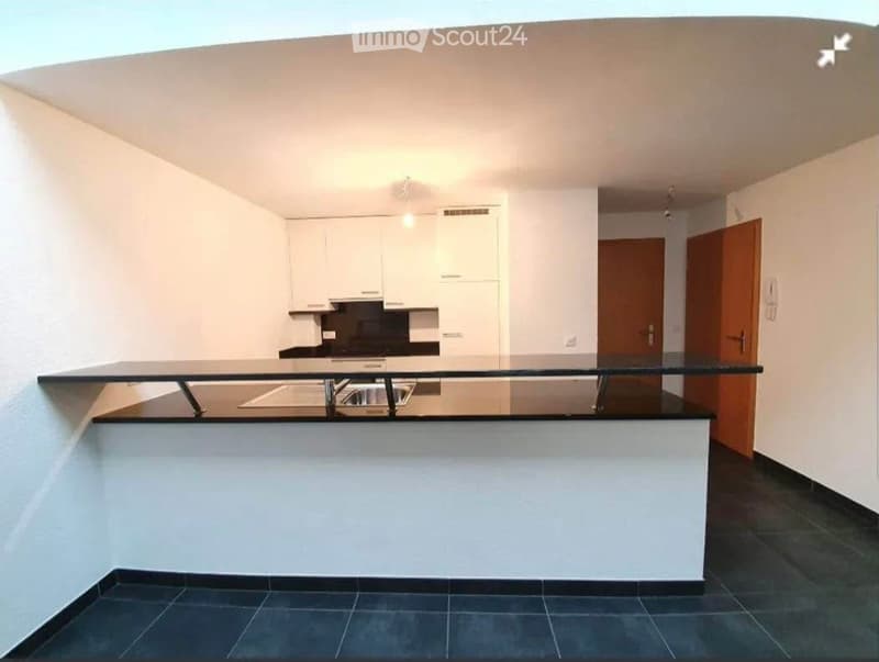 Modern kitchen with white cabinets, black countertop, and stainless steel sink. The space features dark tiled flooring and a raised platform with a railing.