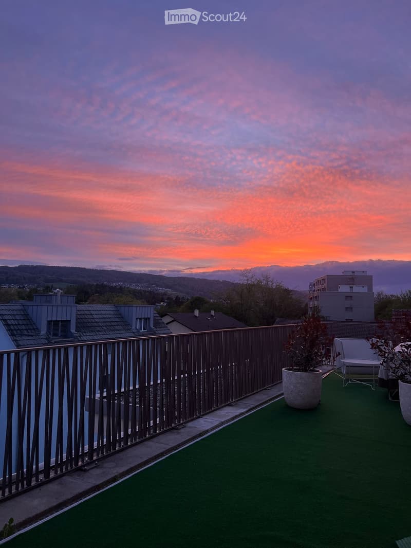 Rooftop terrace with green artificial turf, modern metal railing, and a view of the city and sunset sky.