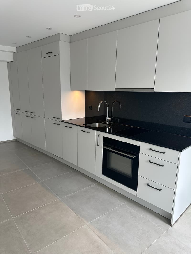 Modern kitchen with white cabinets, black countertops, stainless steel sink and faucet, and built-in oven.
