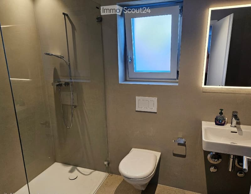 Modern bathroom with a glass-enclosed shower, toilet, sink, and a large mirror above the sink. The room features a window with frosted glass and a sleek, contemporary design.