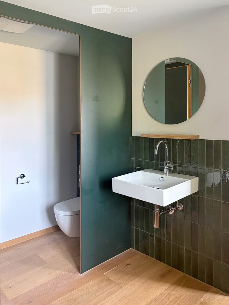 Modern bathroom with a white sink, chrome faucet, round mirror, and white toilet. Green tiled wall and wooden floor.