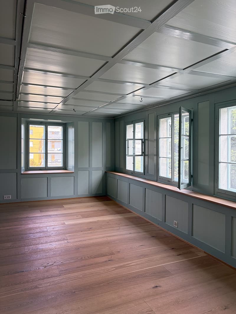 Empty room with wooden flooring, grey walls, and multiple windows with open shutters. The ceiling features exposed beams and skylights.