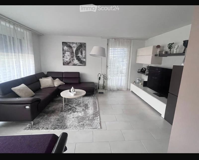 Modern living room with a dark brown sectional sofa, a white coffee table, a floor lamp, a TV stand, and built-in shelves with decorative items.