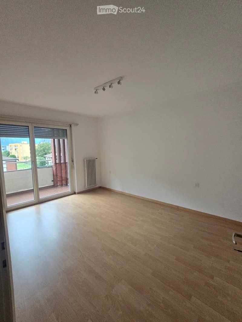 Empty room with light wooden flooring, white walls, and a large sliding glass door leading to a balcony.