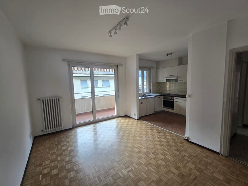 Bright, unfurnished living space with wooden herringbone flooring, radiator, large sliding glass door leading to a balcony, and an adjacent compact kitchen with white cabinets, sink, and oven.