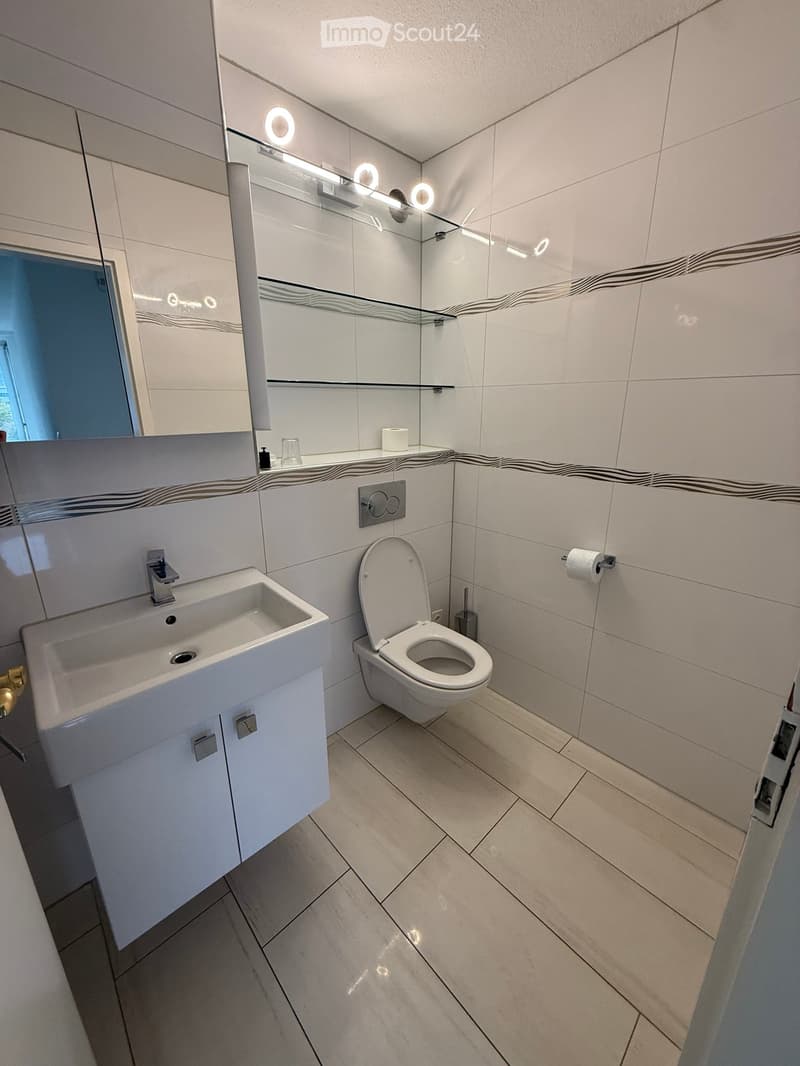 Modern bathroom with white tiles, a sink with a modern faucet, a toilet, a large mirror with built-in lighting, and a toilet paper holder. The walls feature a decorative black wavy pattern.