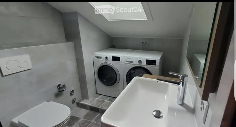 Compact bathroom with a toilet, sink, and a private washing machine and dryer unit. The room features a skylight for natural light and modern fixtures.