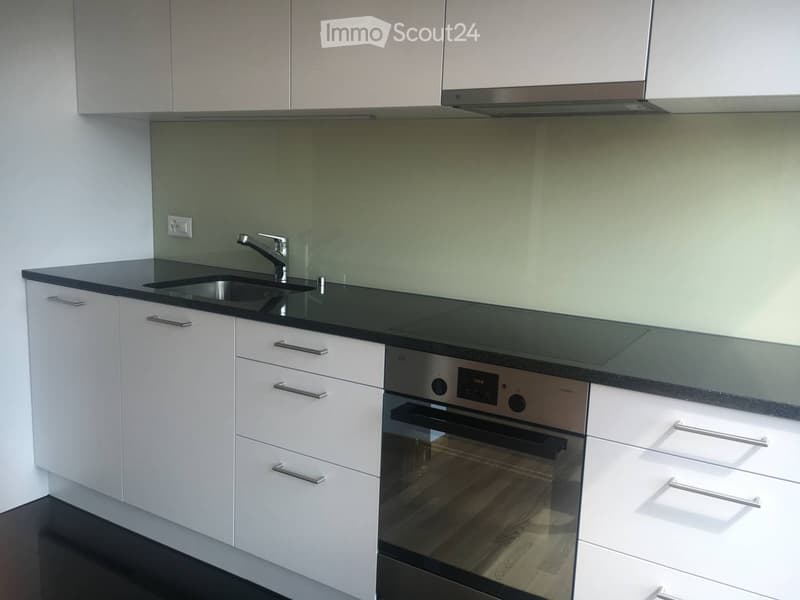 Modern kitchen with white cabinets, black countertops, a stainless steel sink, and a built-in oven.