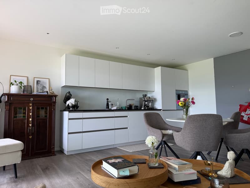 Modern open-plan living and dining area with a grey sofa, wooden coffee table, dining chairs, and a kitchen with white cabinets and stainless steel appliances.