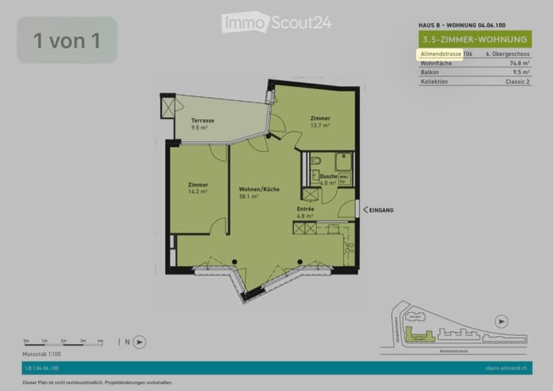 Floor plan of a 3-5 room apartment with a living/kitchen area, three bedrooms, a bathroom, and a terrace.