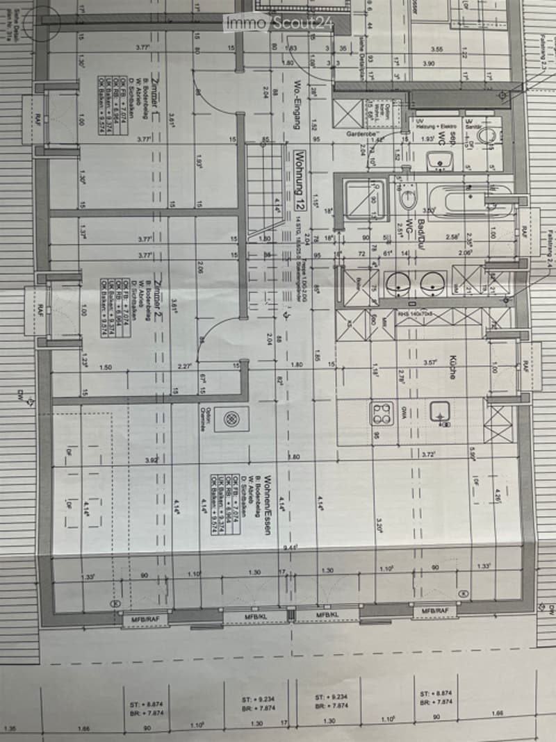 Floor plan of a multi-story residential building with labeled rooms, dimensions, and structural details. Includes living areas, bedrooms, bathrooms, and utility spaces.