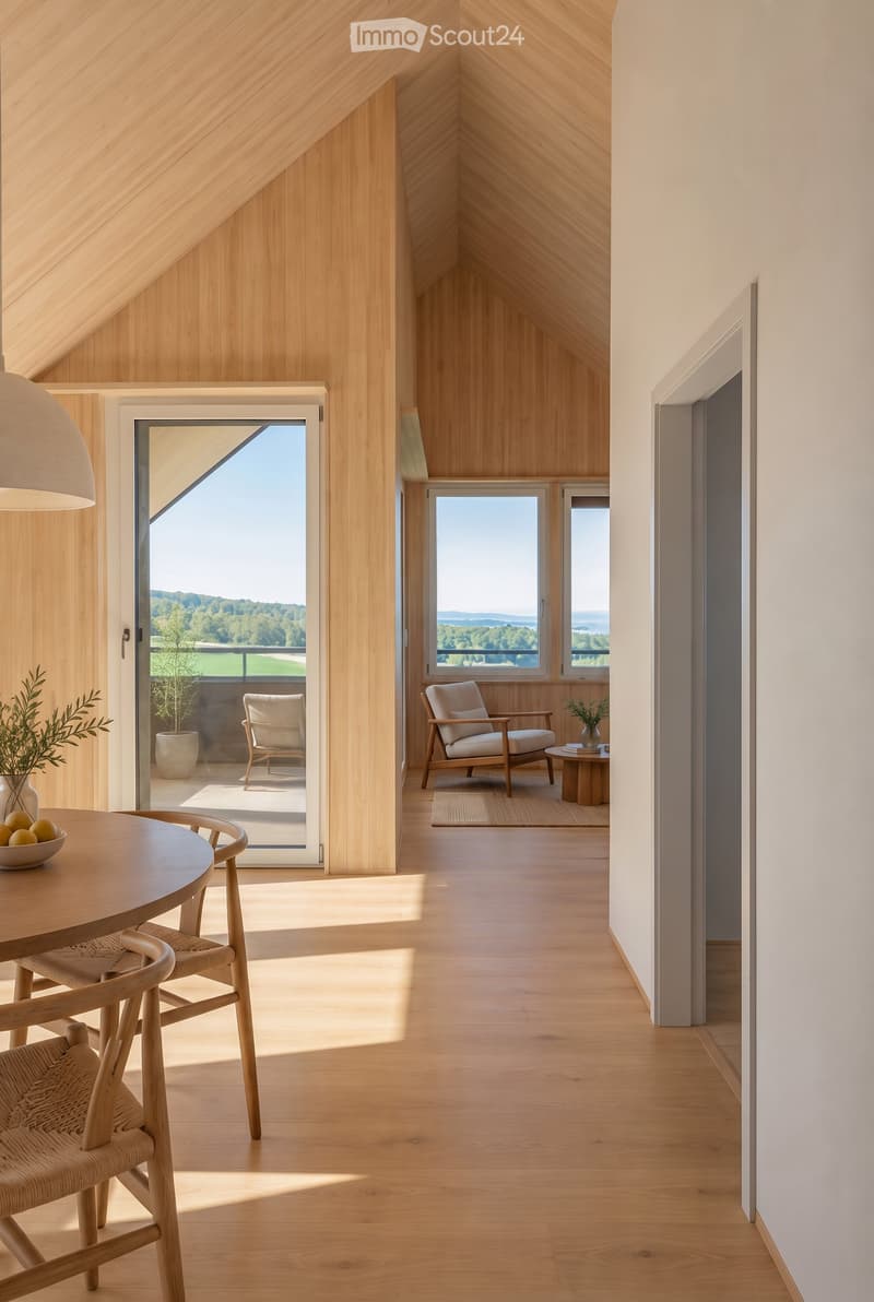 Bright, airy corridor with wooden floors and walls, featuring a dining area with a round table and chairs, and a lounge area with an armchair and small table.