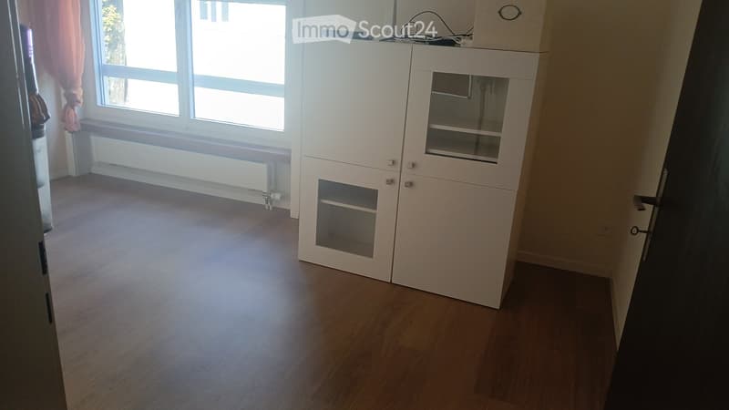Empty room with wooden flooring, white cabinet, large window with pink curtains, and a radiator below the window.