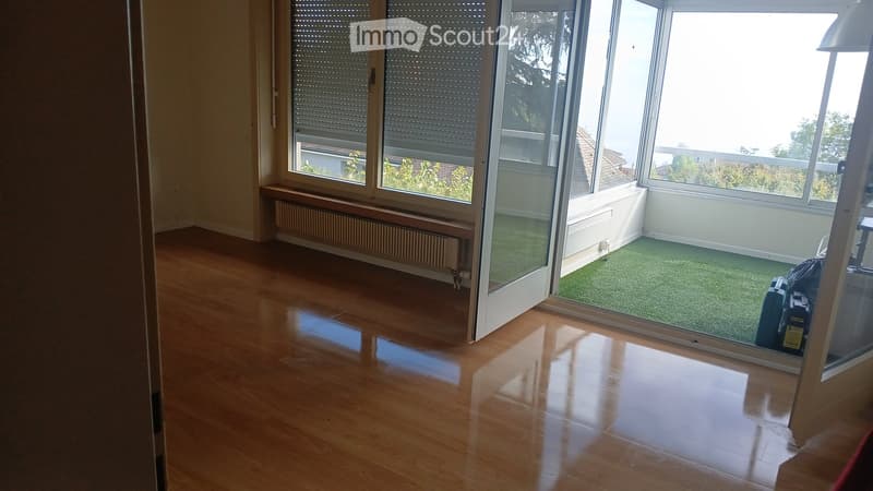 Empty room with wooden flooring, large windows, and a small balcony area with artificial grass.
