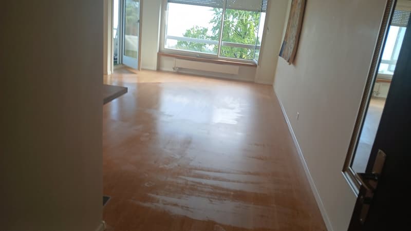 Empty room with wooden flooring, large windows, and a door leading to another space.