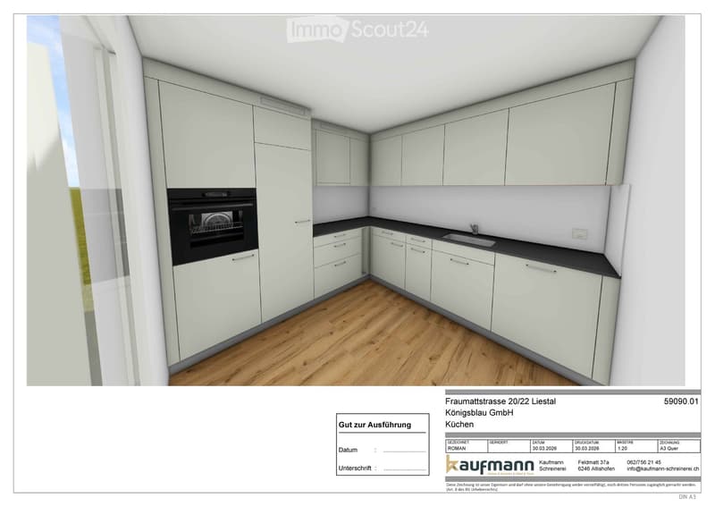 Modern kitchen with white cabinets, a black countertop, and a built-in oven. The floor is wooden, and the sink is positioned on the right side.