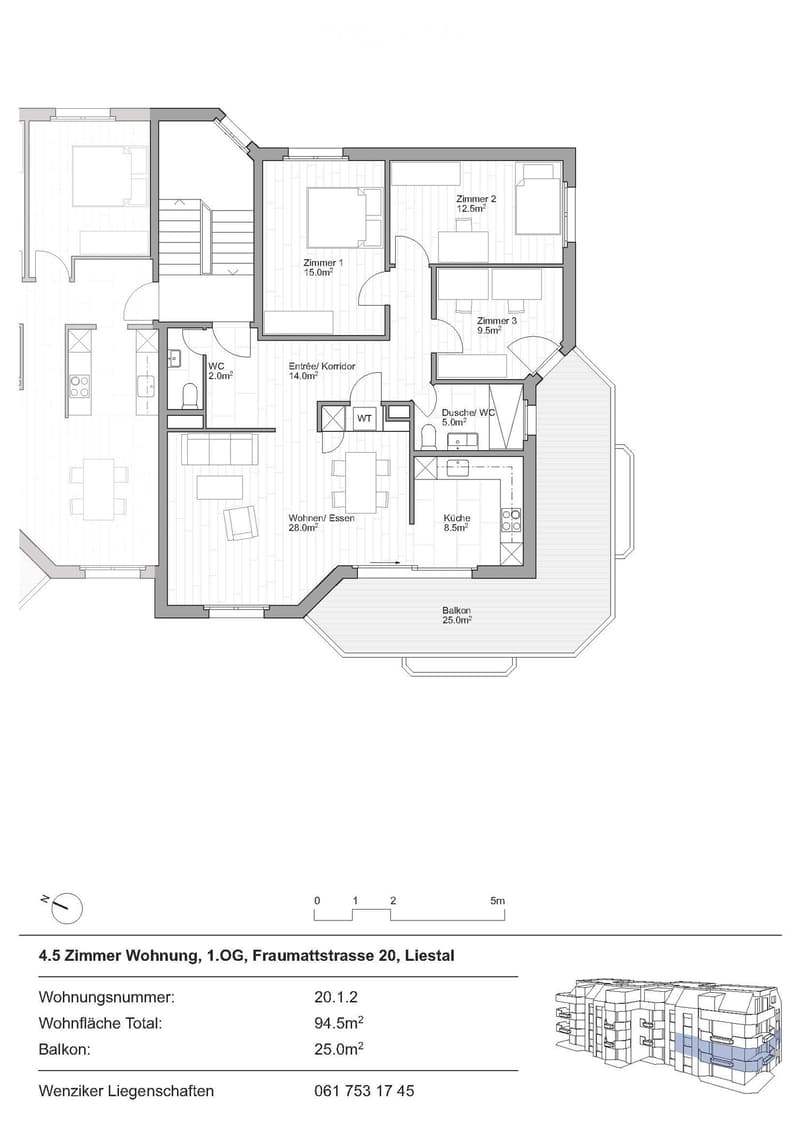 Floor plan of a 4.5-room apartment on the first floor, including living/dining area, kitchen, three bedrooms, two bathrooms, hallway, and balcony.
